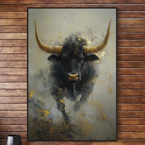 Majestic Black Bull Art Bold Gold Accent Print Rustic Animal Decor Dramatic Farmhouse Artwork For Living Room