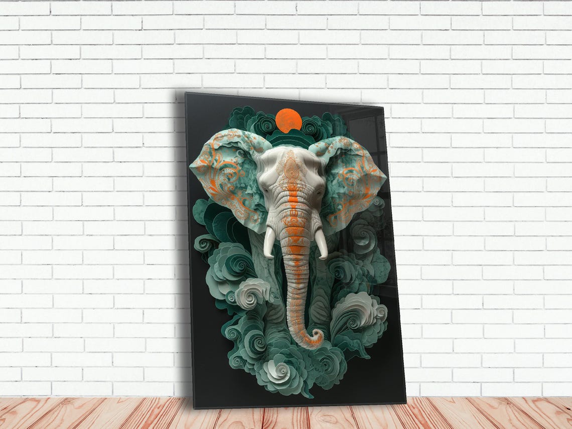 Teal Orange Elephant Head Poster 3D Floral Paper Style Artwork