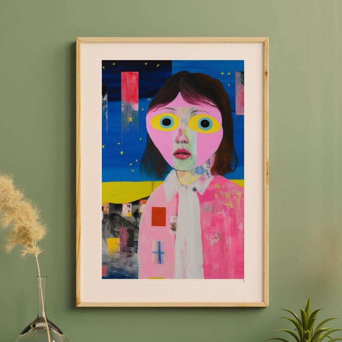 Whimsical Pink Portrait with Bold Yellow Eyes Pop Art Poster
