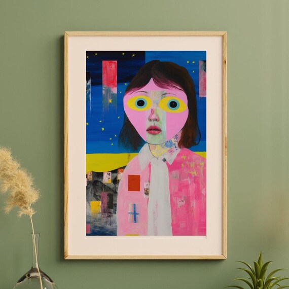 Whimsical Pink Portrait with Bold Yellow Eyes Pop Art Poster