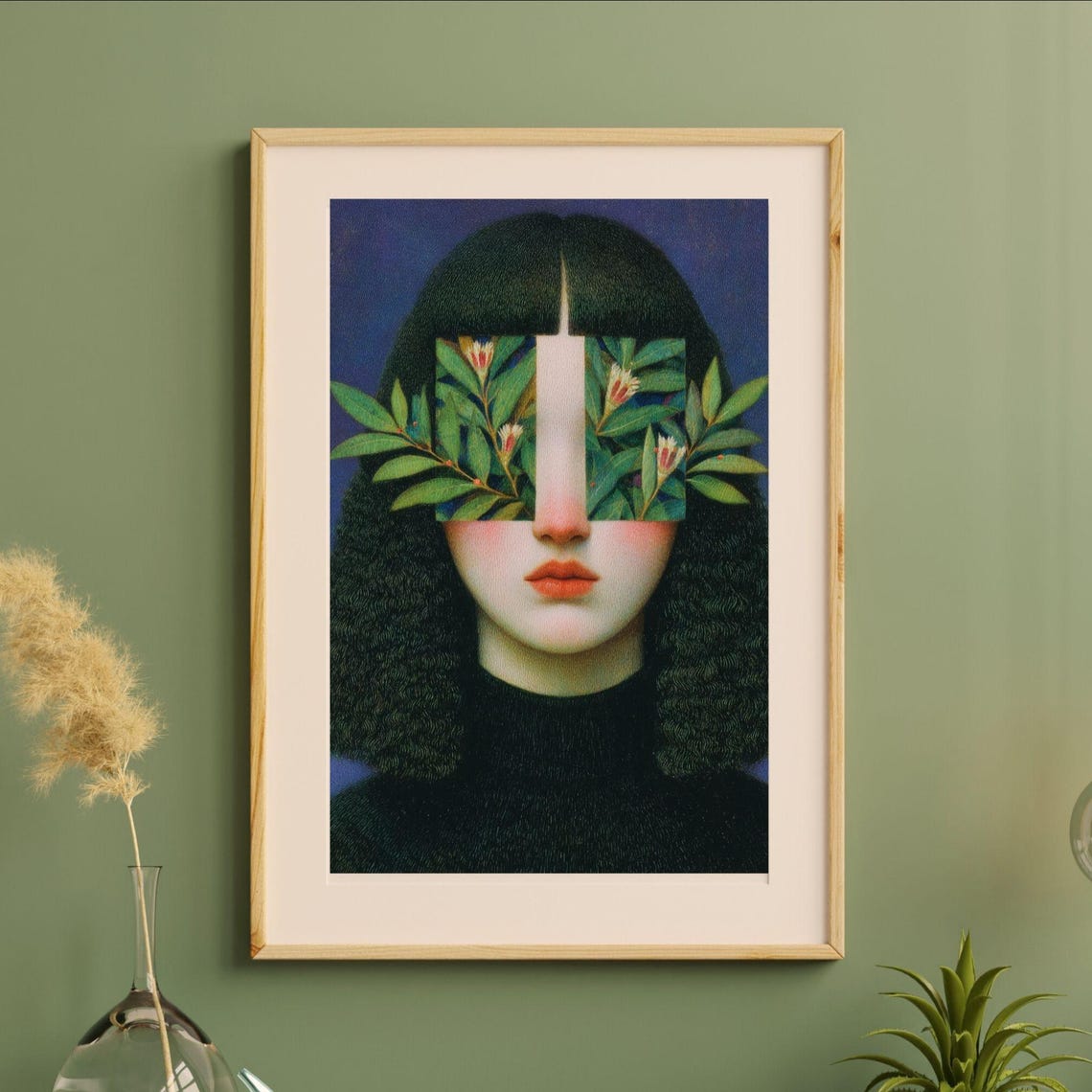 Woman With Leaf Covered Eyes Botanical Surreal Portrait Art Poster