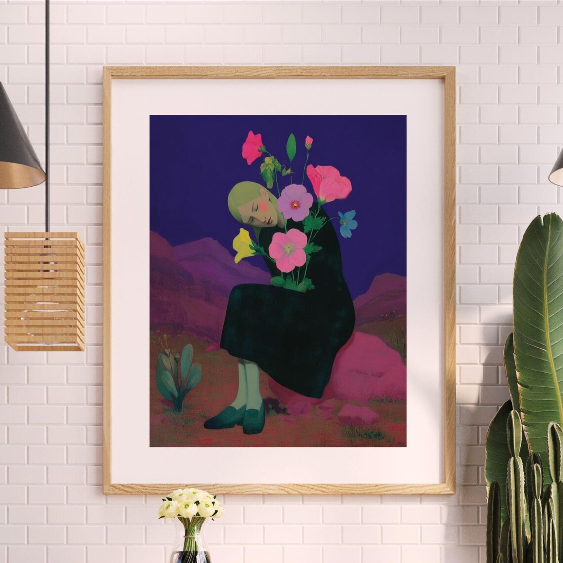 Woman Surrounded by Giant Flowers Dark Blue Botanical Portrait Poster