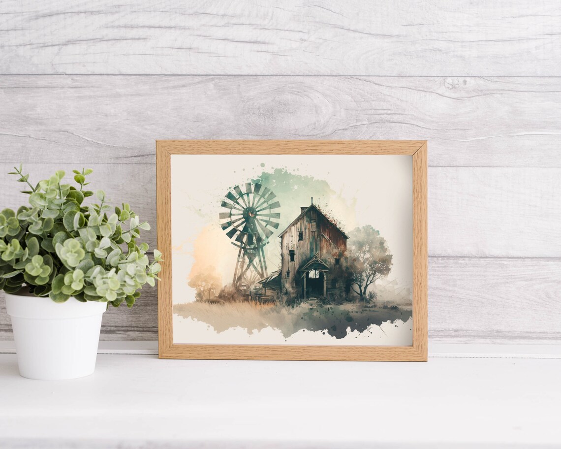 Old Barn with Green Windmill Watercolor Farmhouse Wall Poster