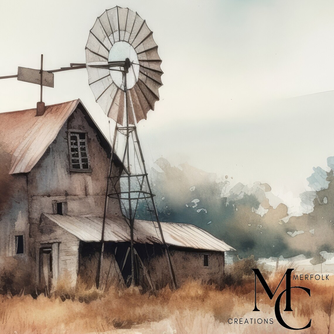 Barn and Windmill in Golden Tall Grass Watercolor Farm Poster - Image 3