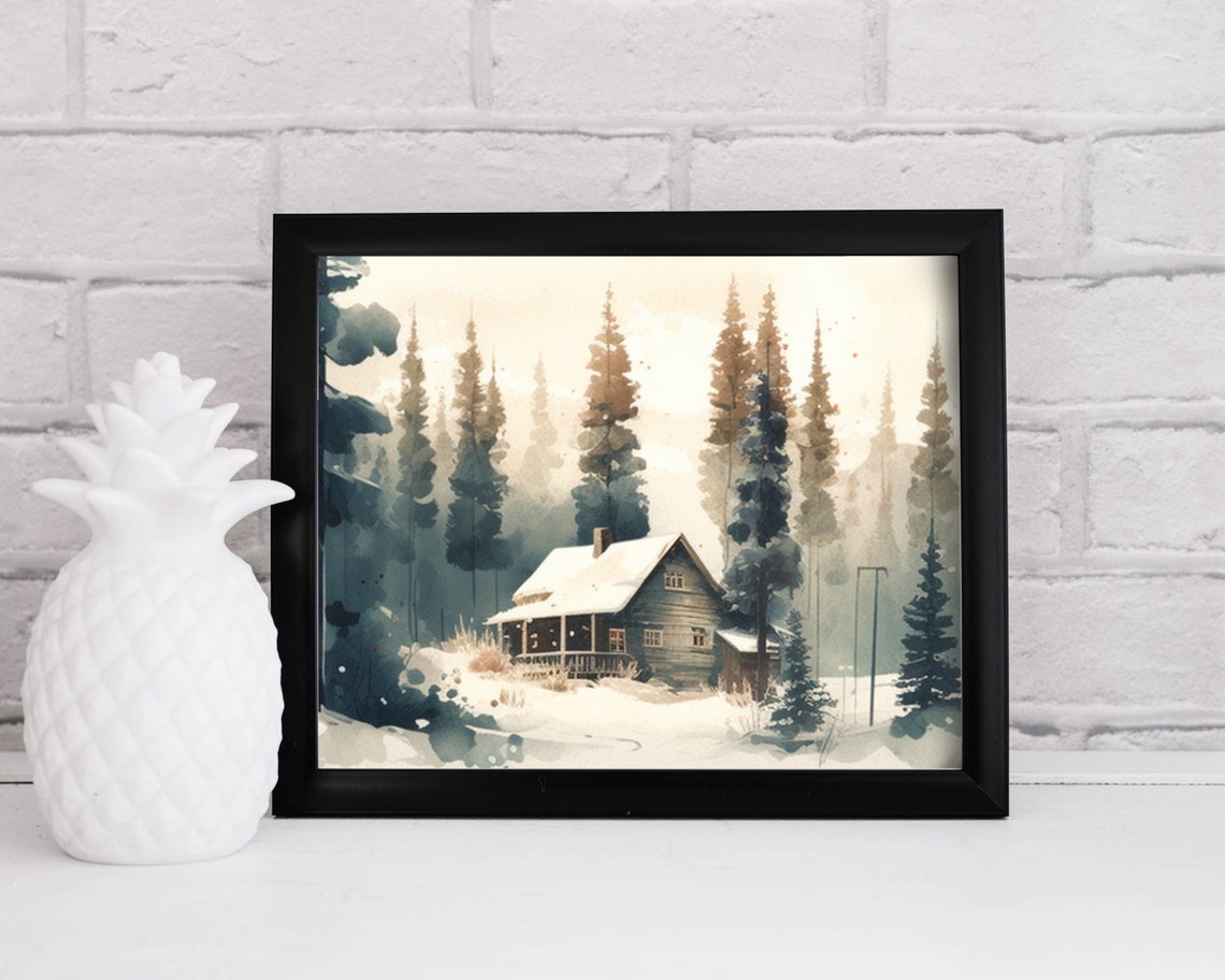 Snowy Cabin in a Pine Forest Winter Landscape Watercolor Poster - Image 3