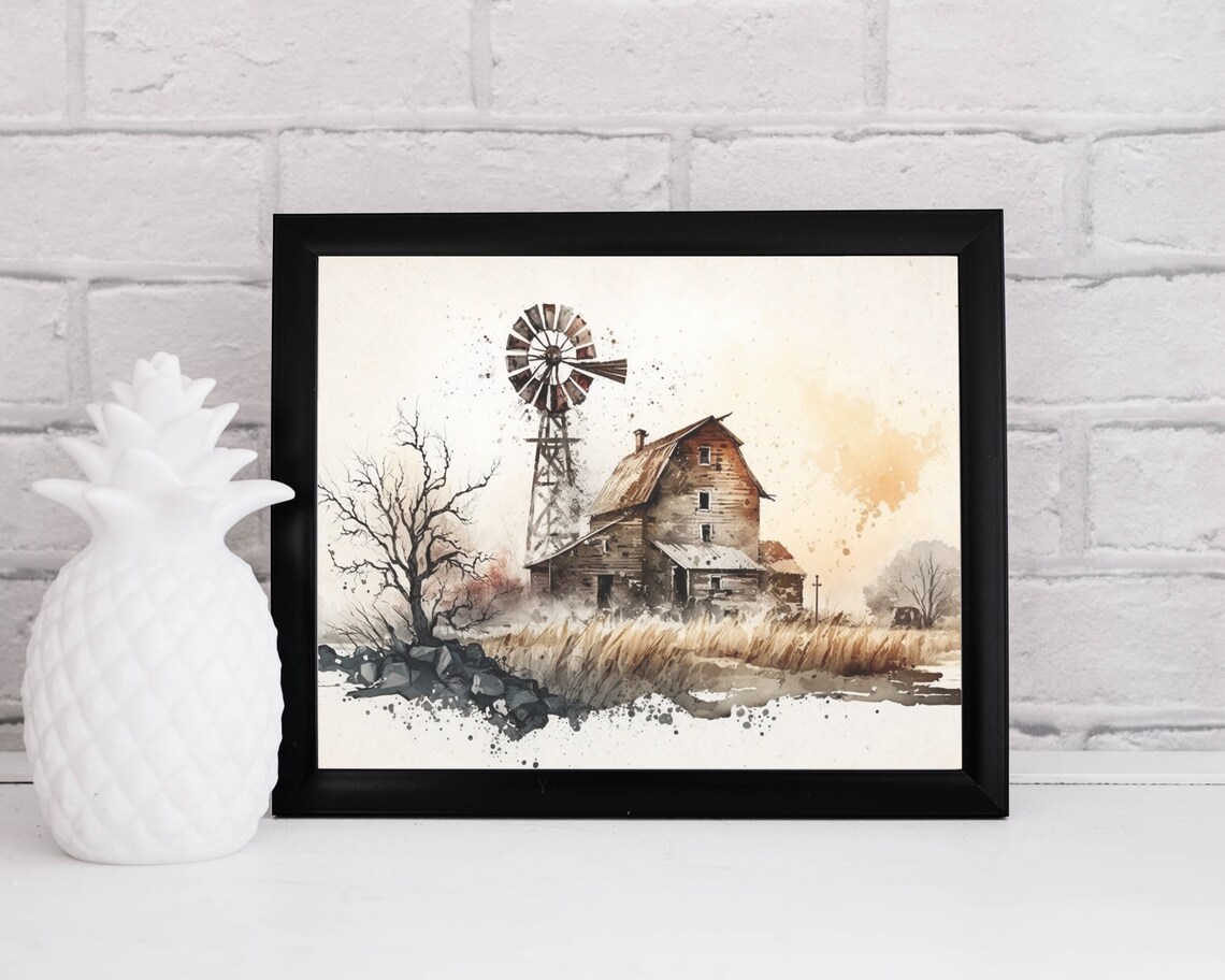 Old Barn with Green Windmill Watercolor Farmhouse Wall Poster - Image 2