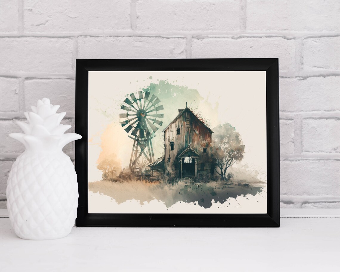 Old Barn with Green Windmill Watercolor Farmhouse Wall Poster - Image 3