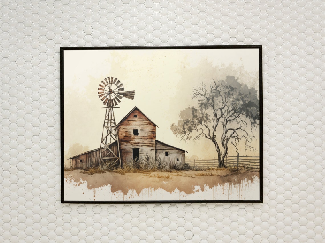 Rustic Barn with Old Windmill Sepia Watercolor Farm Landscape Poster - Image 2