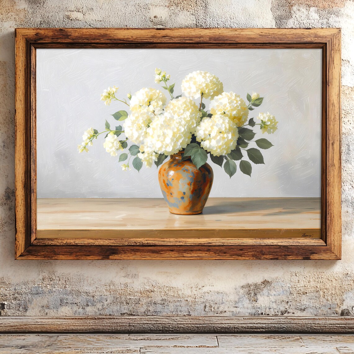 White Hydrangea in Vintage Amber Vase Muted Floral Still Life Poster