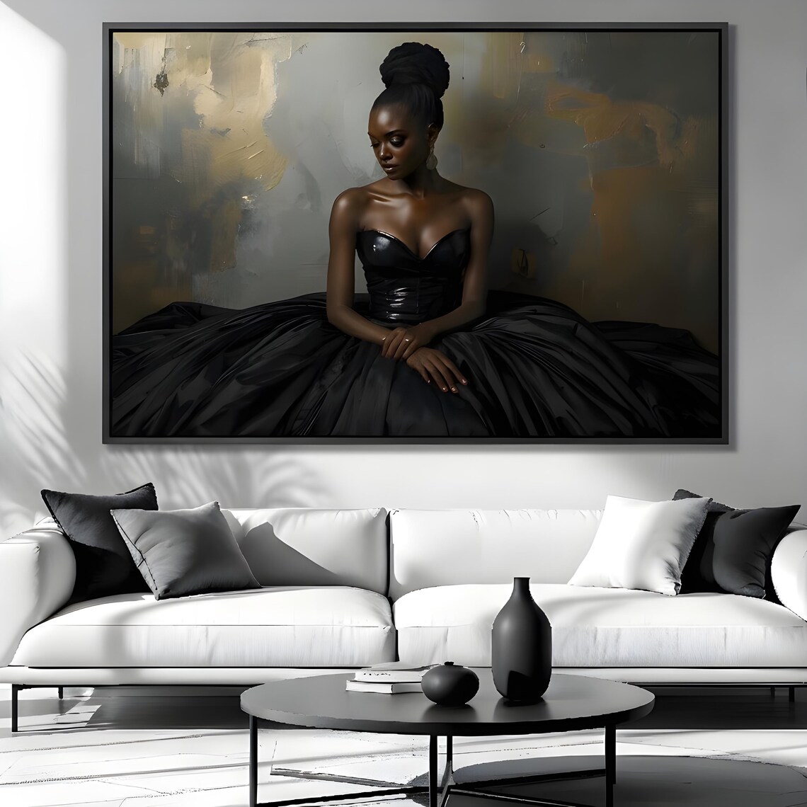 Black Woman Black Ball Gown Luxury Gold Canvas Elegant Portrait Art Print