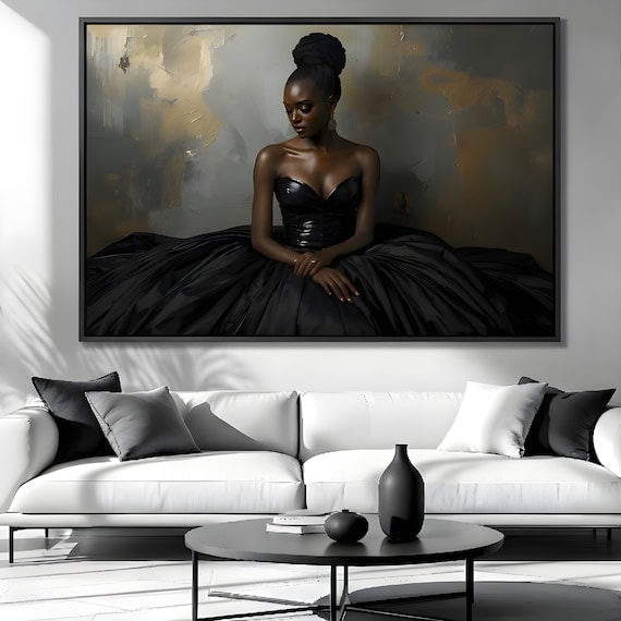Delicate Black Girl Canvas Print Luxury Gold Wall Art Feminine Stylish Decor Beautiful Woman Framed Painting Elegant Home
