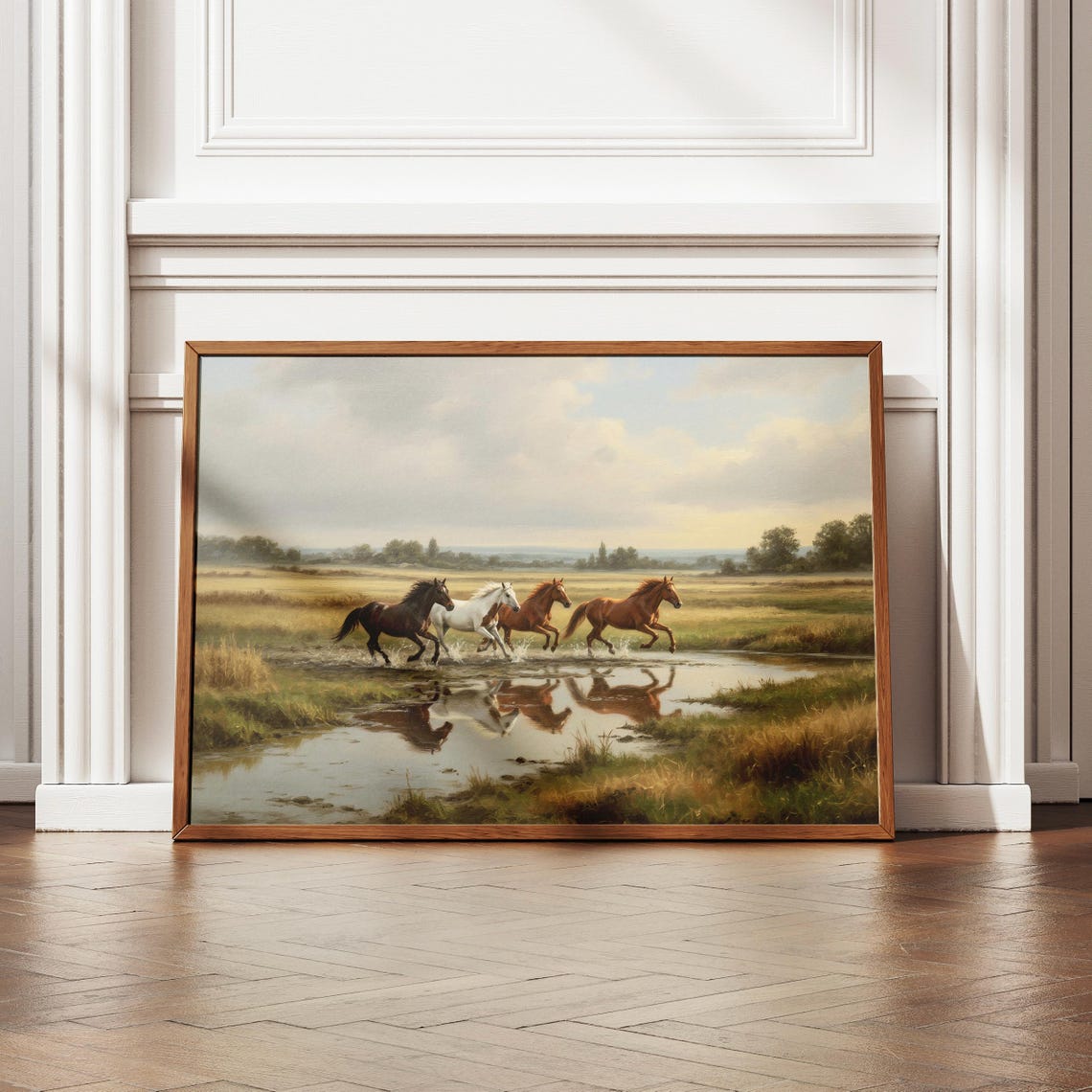 Wild Horses Galloping Through Marsh Painterly Golden Hour Art Print