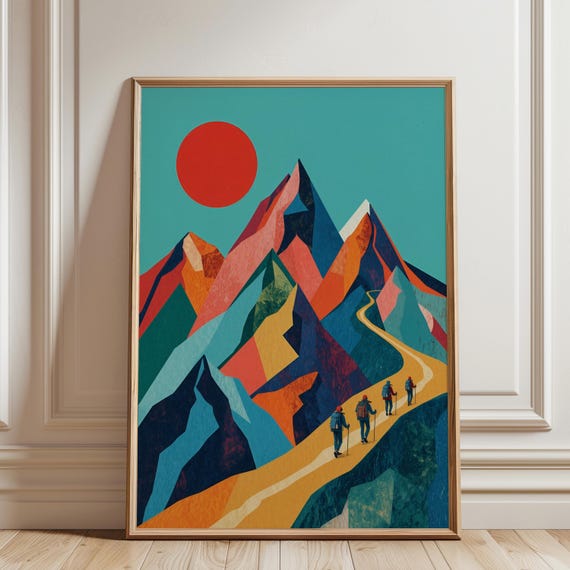 Colorful Mountain Hiking Wall Art Abstract Landscape Poster Retro Travel Print Adventure Decor Modern Nature Artwork