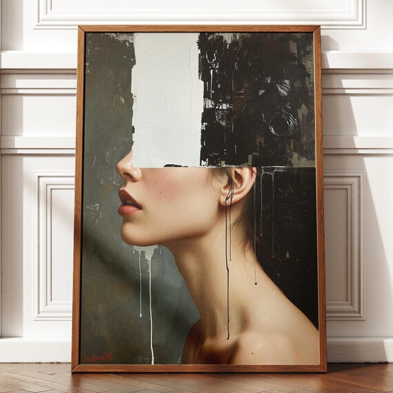 Abstract Female Profile Portrait in Moody Dark Academia Painting Poster