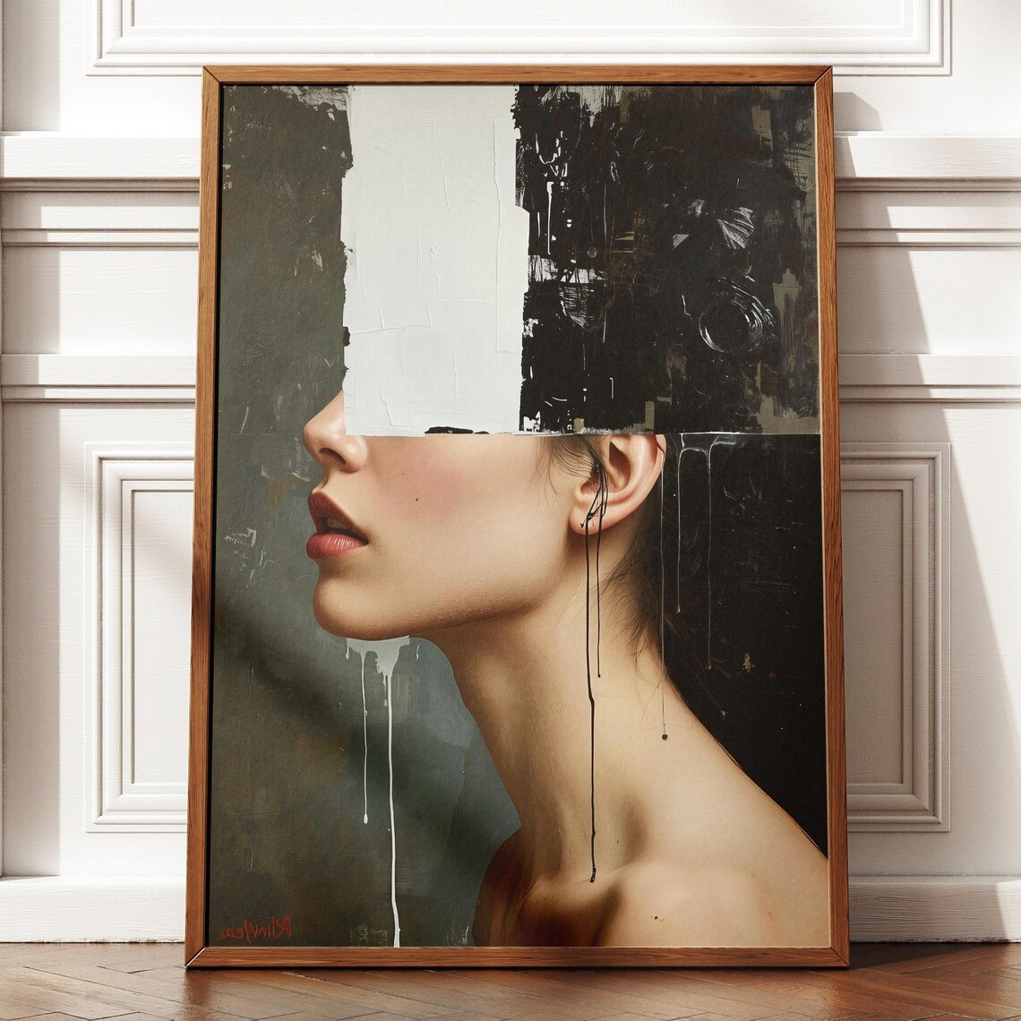 Abstract Female Profile Portrait in Moody Dark Academia Painting Poster