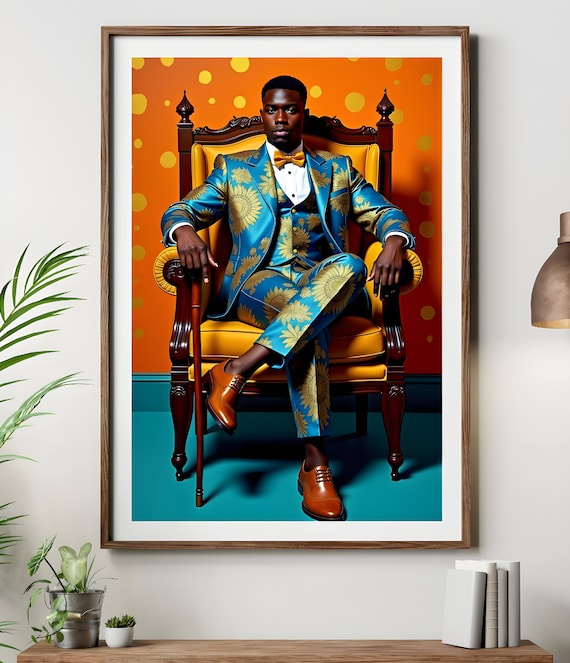 Dapper Gentleman Art Print Blue Floral Suit Portrait Modern Fashion Wall Decor
