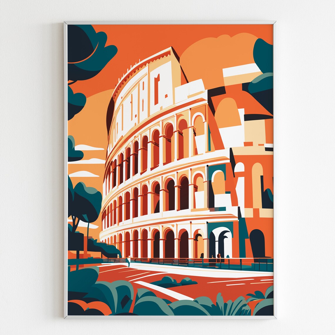 Rome Colosseum Vintage Travel Illustration Orange Teal Landmark Poster