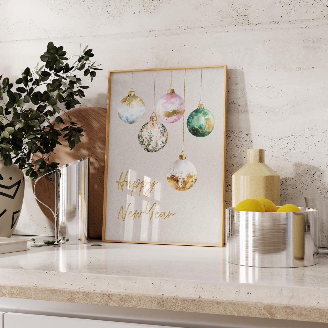 Happy New Year Pastel Ornaments Gold Script Holiday Wall Poster