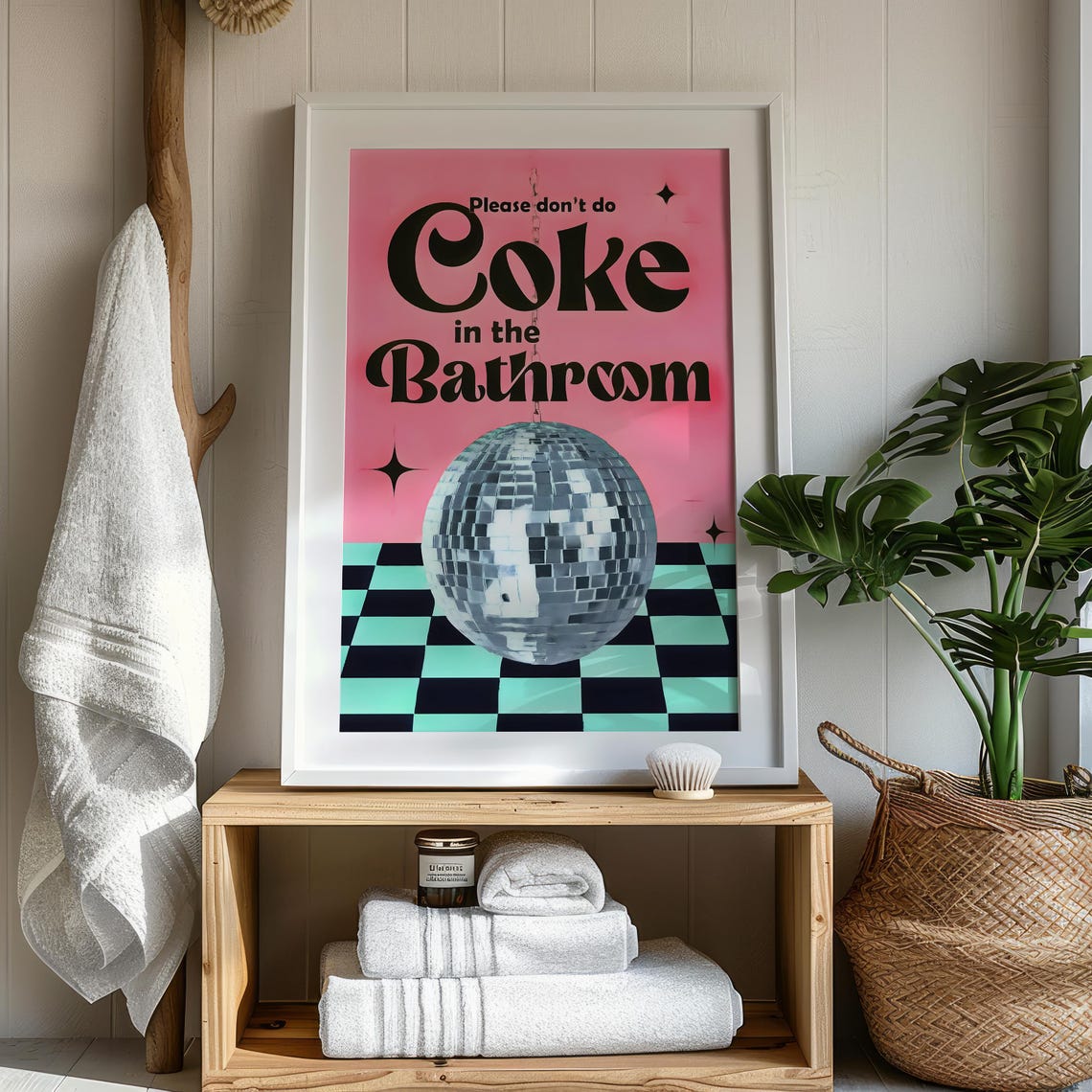 Please Dont Do Coke In The Bathroom Retro Disco Ball Party Poster
