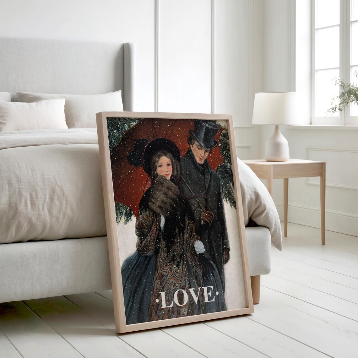 Victorian Lovers Snow Red Umbrella Vintage Love Romance Poster