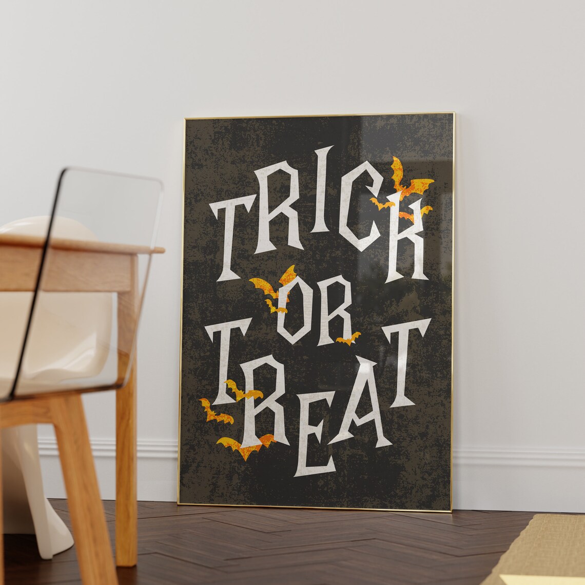 Trick Or Treat Spooky Bats Black White Vintage Halloween Quote Poster - Image 2