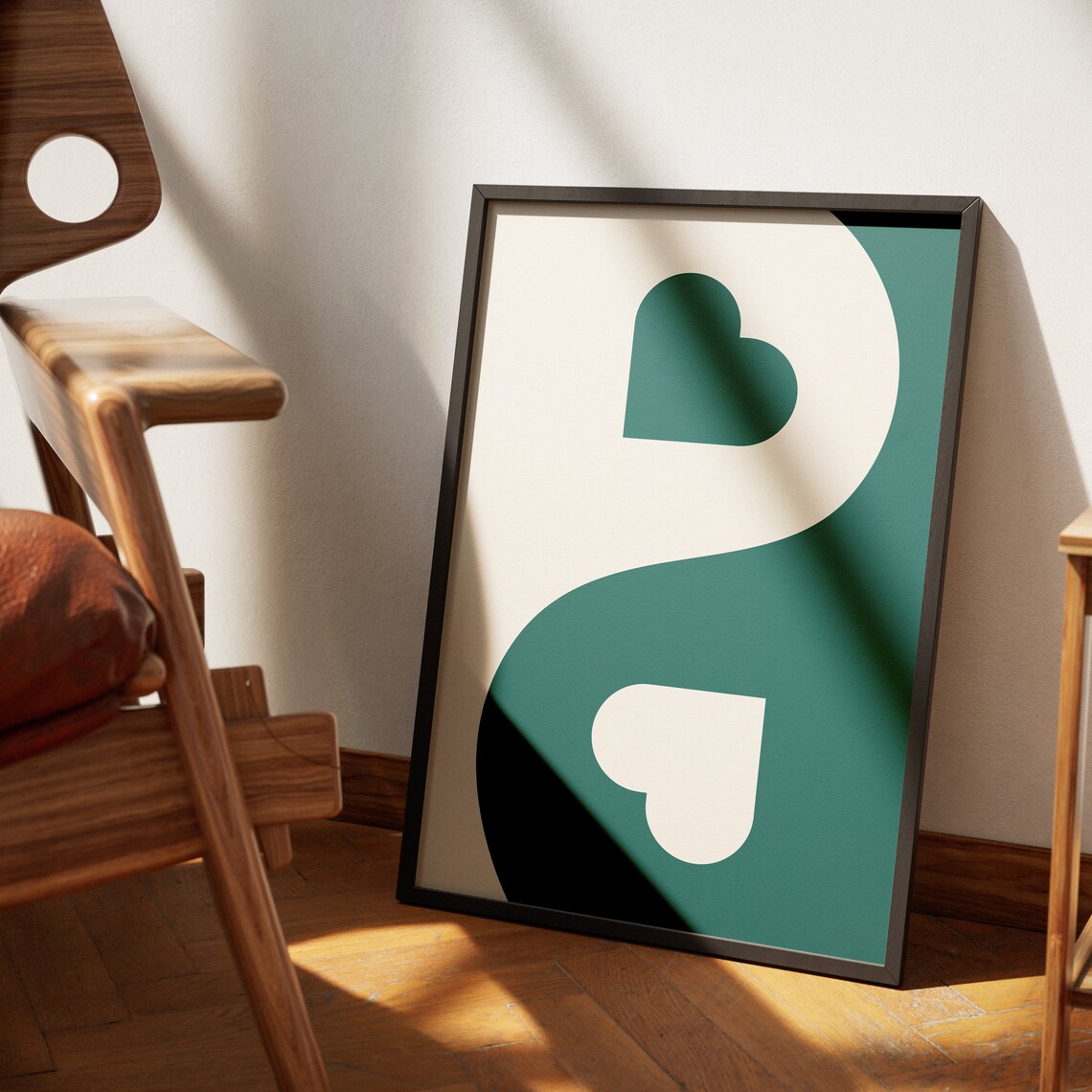 Teal White Yin Yang Hearts Minimalist Love Symbol Wall Poster - Image 3