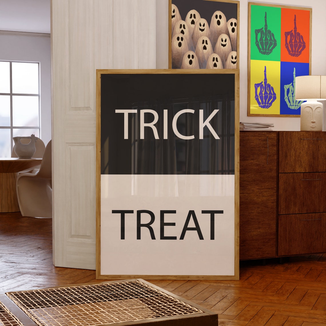 Trick Treat Minimalist Black White Split Halloween Typography Poster - Image 2