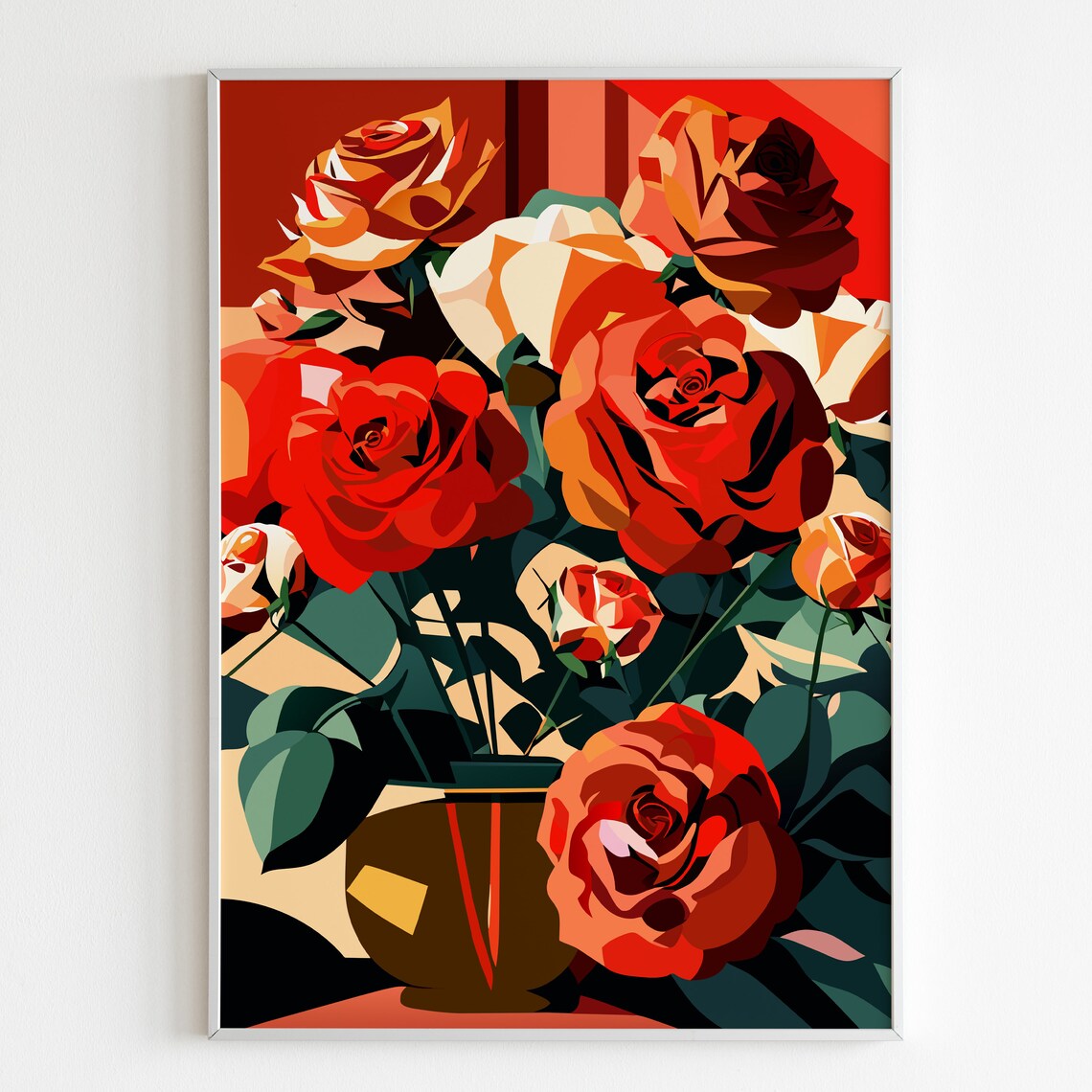 Passionate Red Roses In A Gold Vase Romantic Floral Art Poster