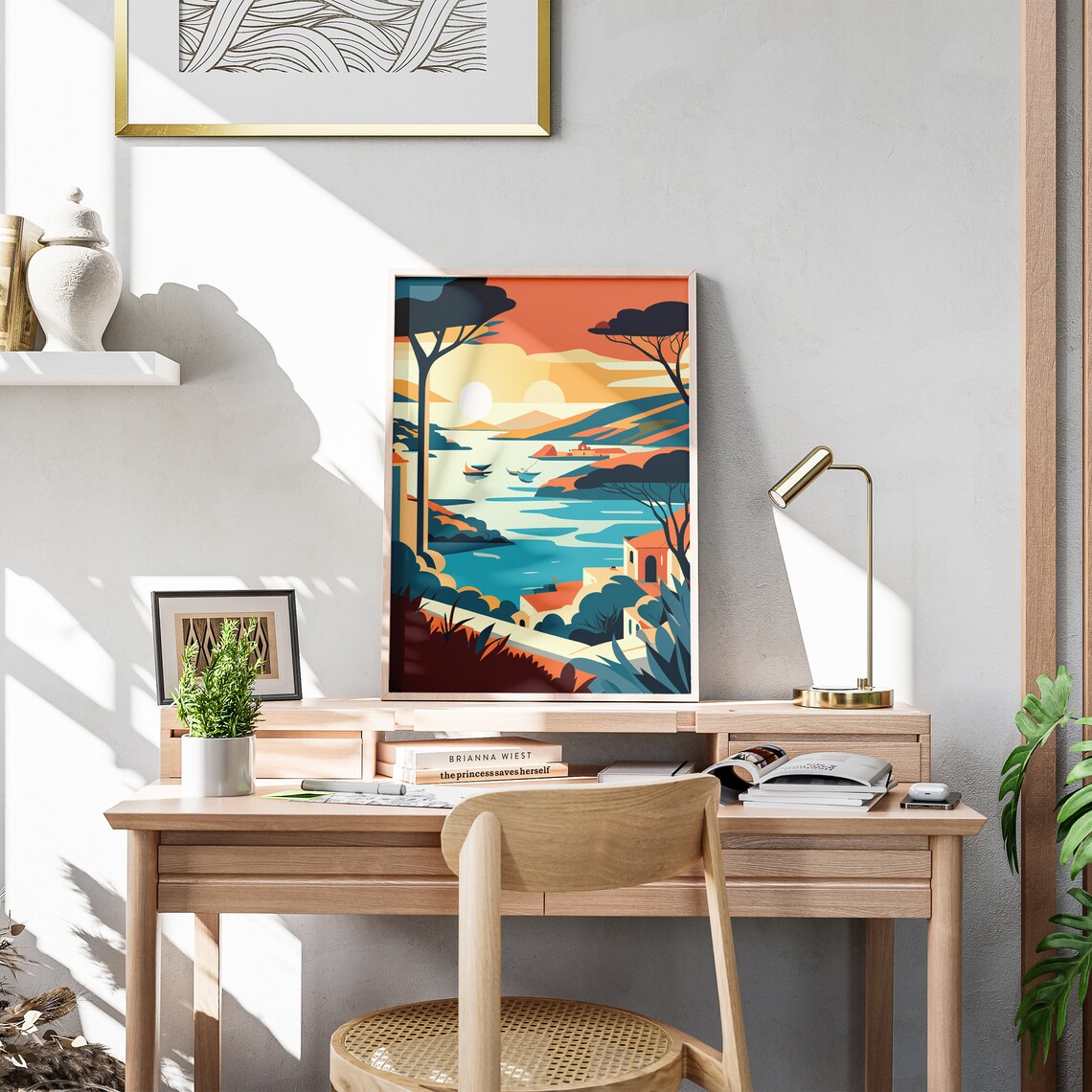 Summer Sunset Mediterranean Coastal Pines And Boats Illustration Poster - Image 3