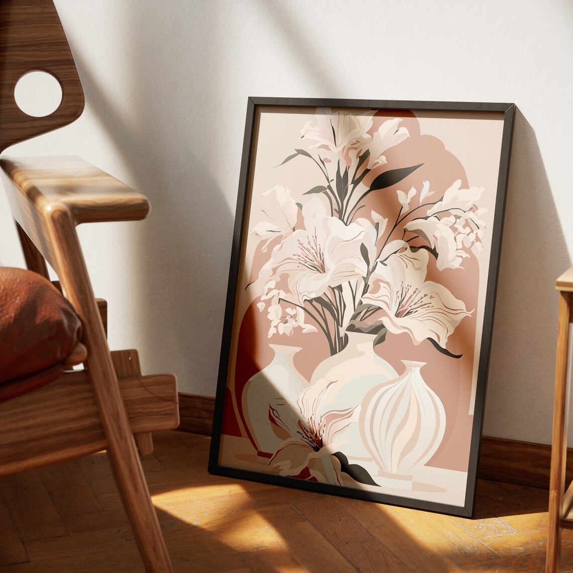 Blush Pink Lilies In White Vases Neutral Floral Illustration Poster - Image 4