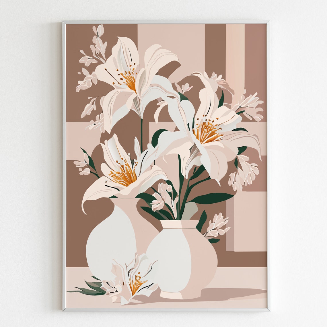 Elegant White Lilies In Vases Neutral Minimalist Floral Poster