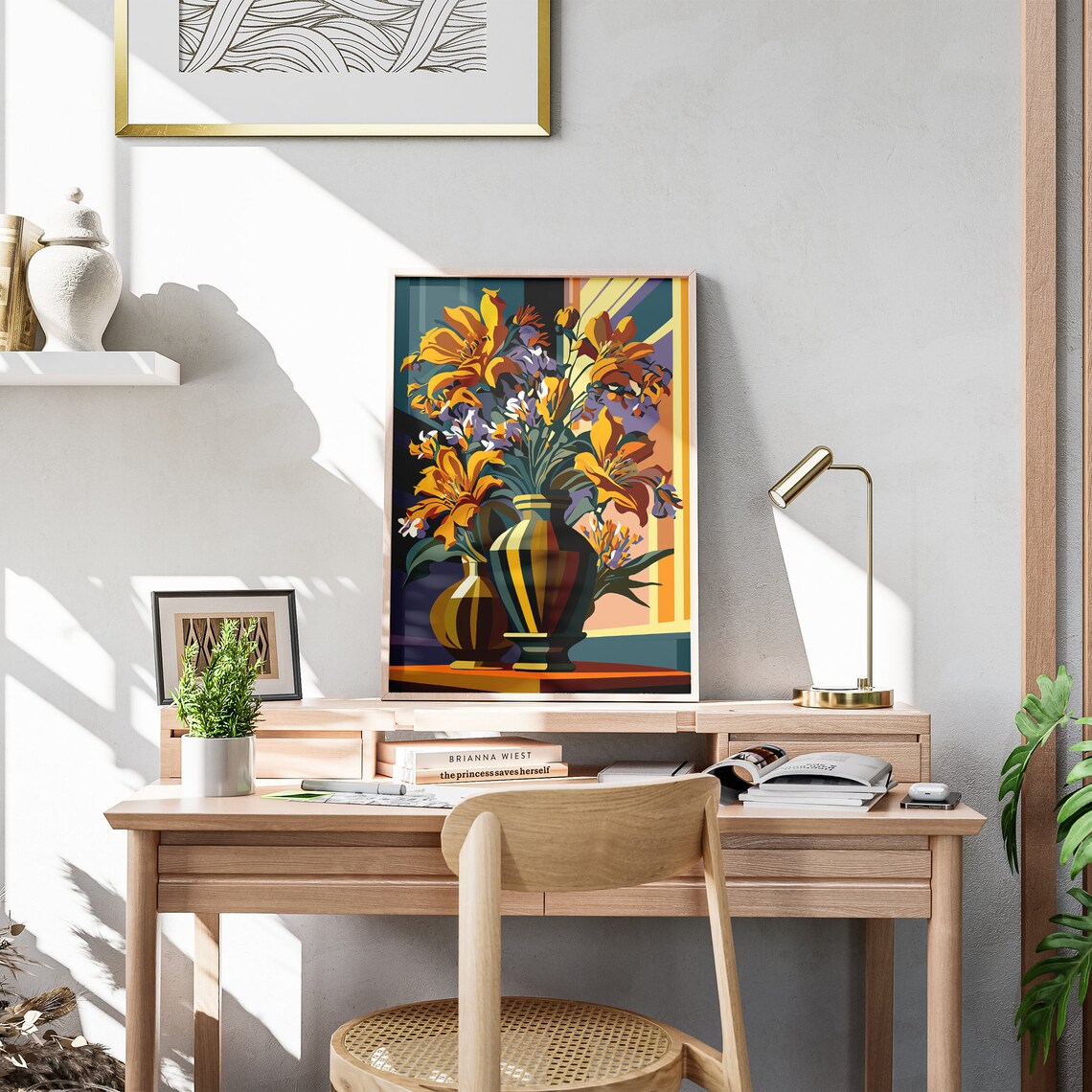 Sunny Yellow Lilies In Striped Vases Floral Illustration Poster - Image 3