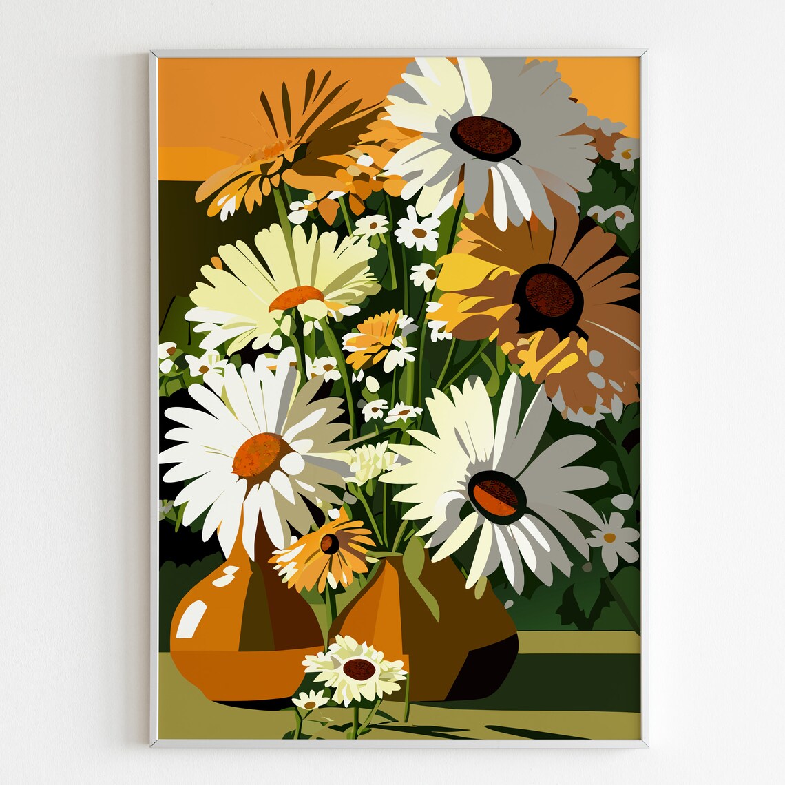 Warm Sunset Daisies In Amber Vase Retro Floral Illustration Poster