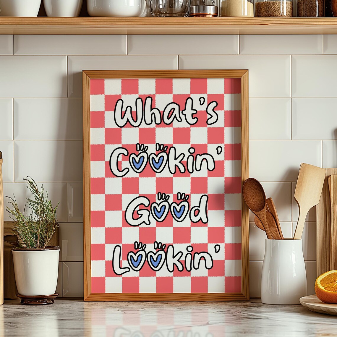 Whats Cookin Good Lookin Red Checkered Retro Kitchen Art Poster