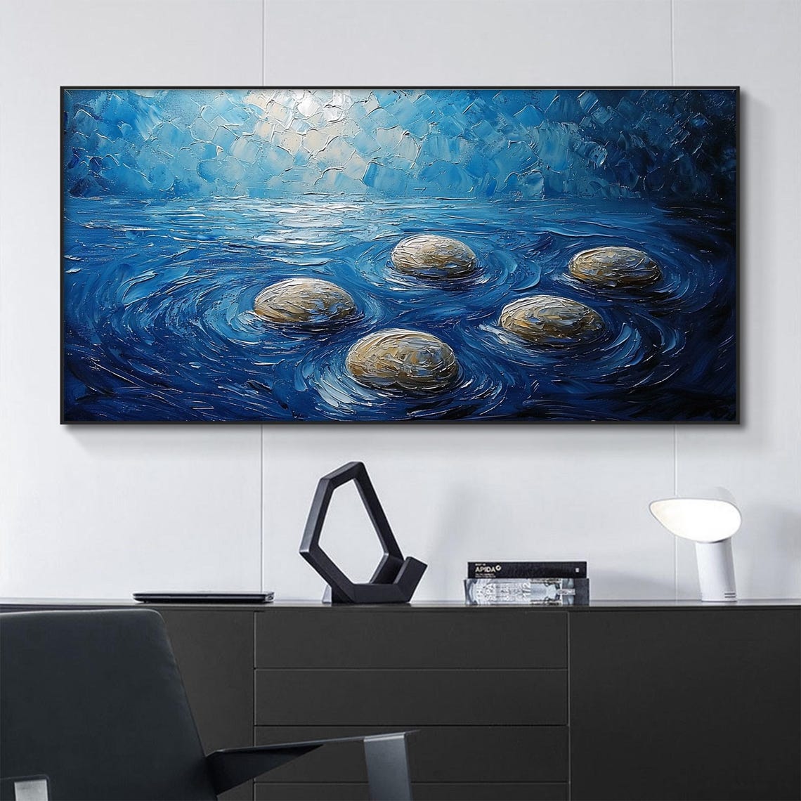 Smooth River Stones Resting In Swirling Deep Blue Water Poster - Image 5