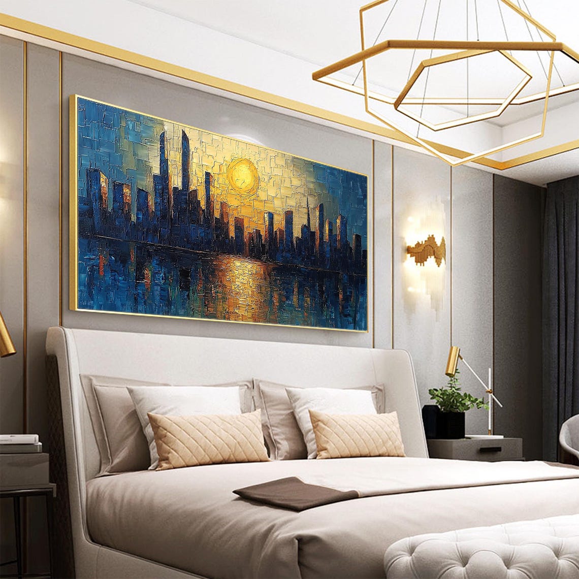 Sunset City Skyline Under Golden Sun with Water Reflection Wall Art - Image 2