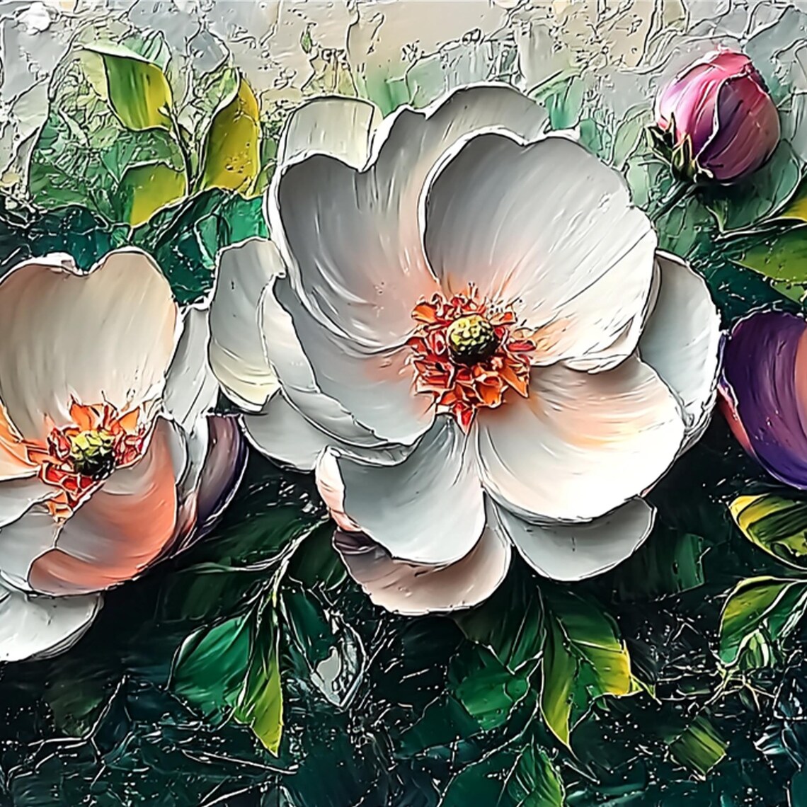 White Pink Purple Blooms Among Dark Green Leaves Floral Wall Art - Image 3