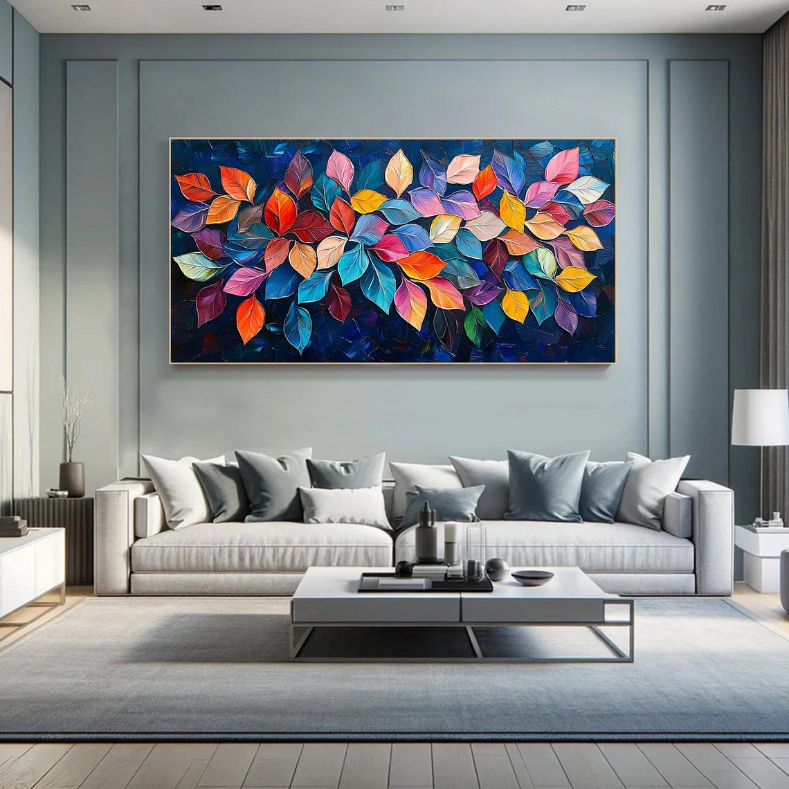 Dense Red Orange Rainbow Leaves Field on Deep Navy Blue Wall Art - Image 4