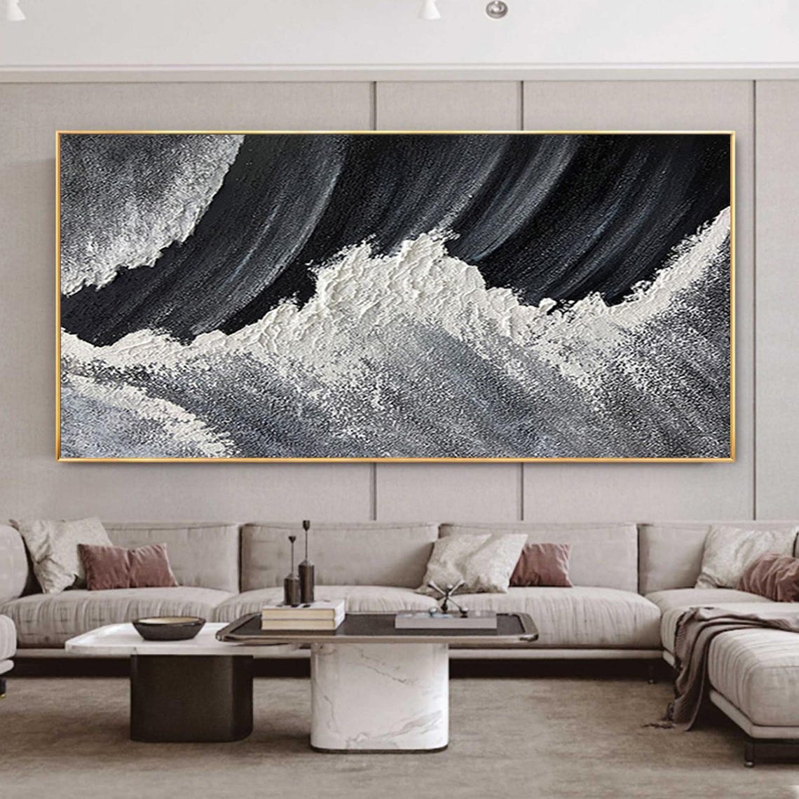 Dramatic Monochrome Black White Crashing Ocean Wave Wall Art