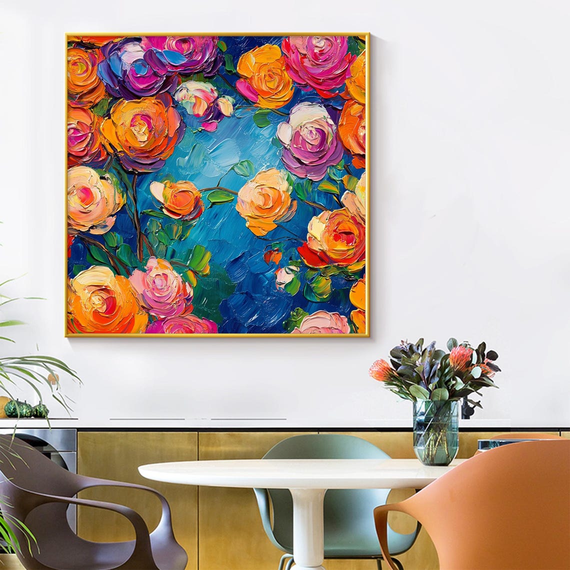 Colorful Sculpted Rose Blooms Bouquet on Deep Blue Floral Wall Art - Image 3