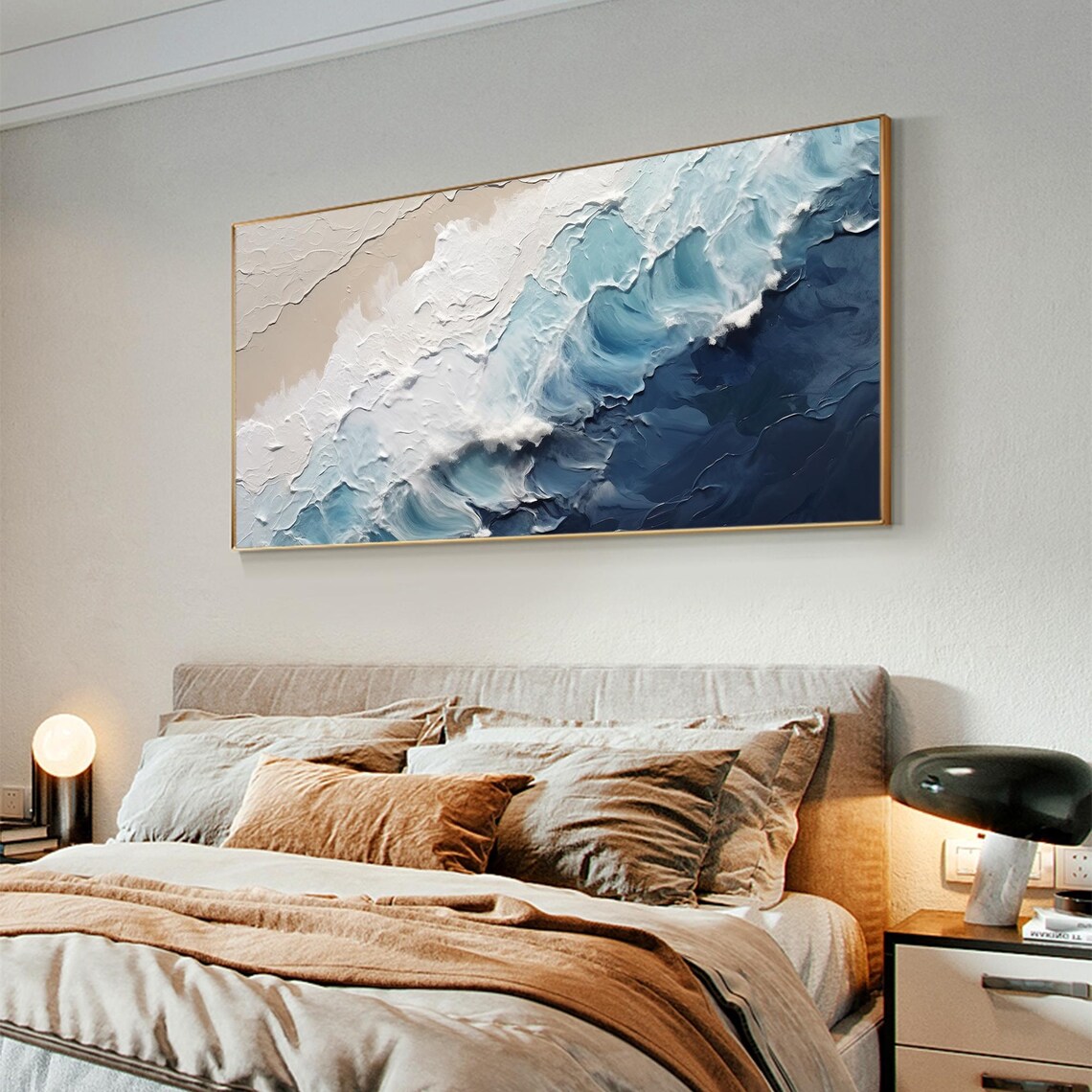 Custom Blue Sea Waves Abstract Oil Painting Art Print - Image 2