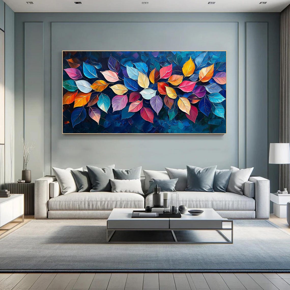 Rainbow Leaves Field Glowing on Navy Blue Abstract Botanical Wall Art - Image 2