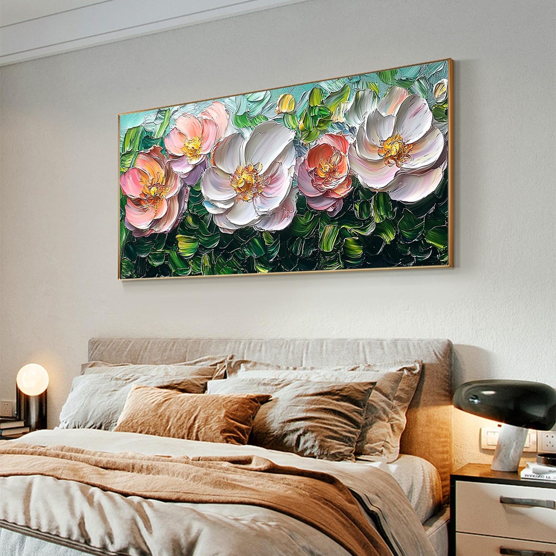Soft White Pink Peony Flowers with Golden Centers Floral Wall Art - Image 2