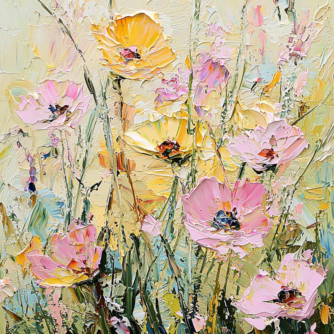 Yellow Pink Wildflowers Blooming on Pale Impasto Floral Wall Art - Image 3