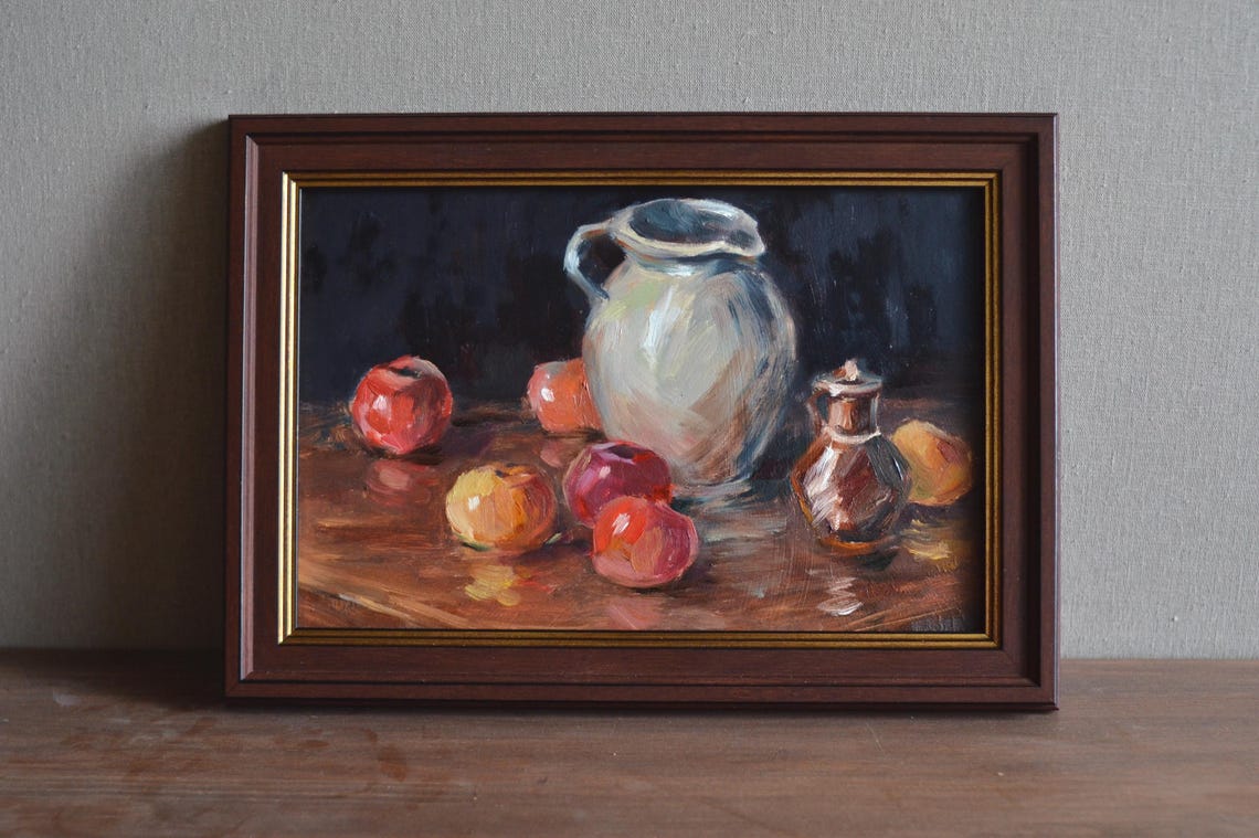 Dark Moody Still Life With White Jug And Colorful Apples Wall Art - Image 3
