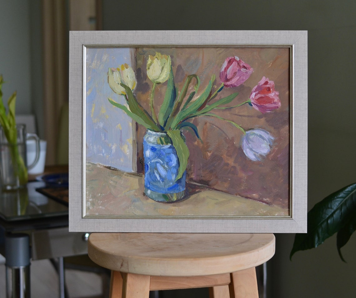 Original Oil Floral Still Life Painting In A Frame Still Life With Tulips Flower Painting Contemporary Floral Wall Art One Of A Kind - Image 3