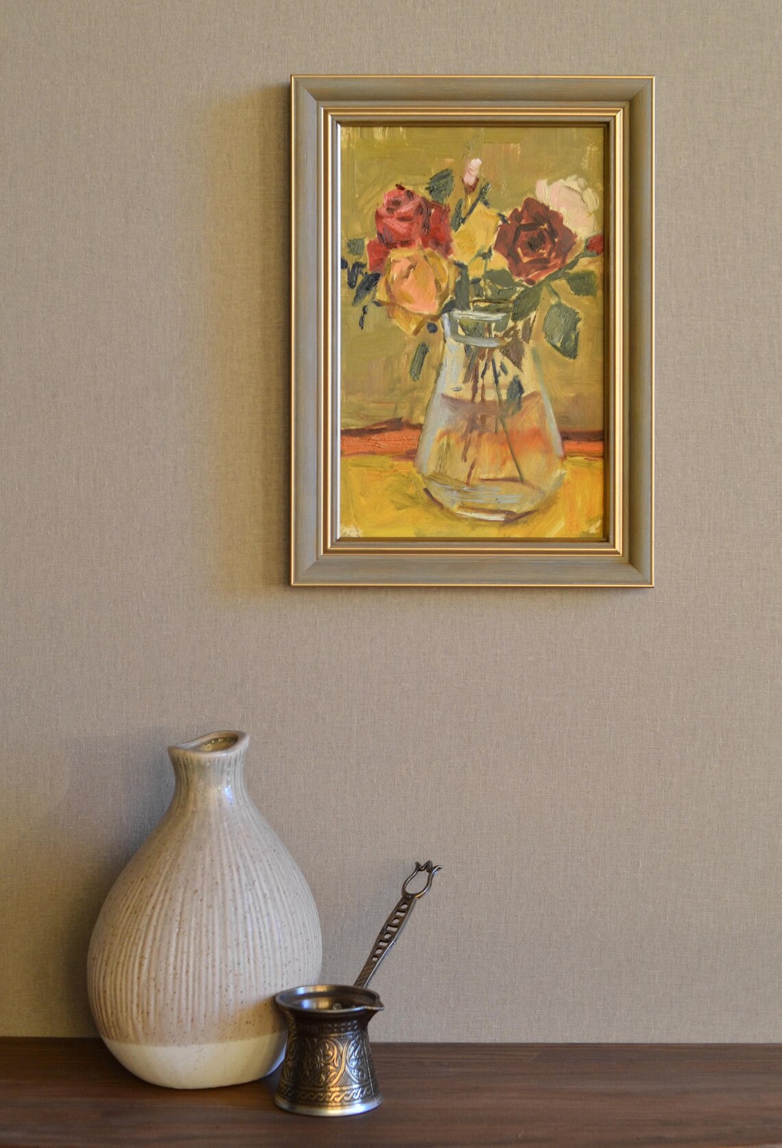 Red And Yellow Roses Bouquet In Glass Vase Floral Still Life Print - Image 4