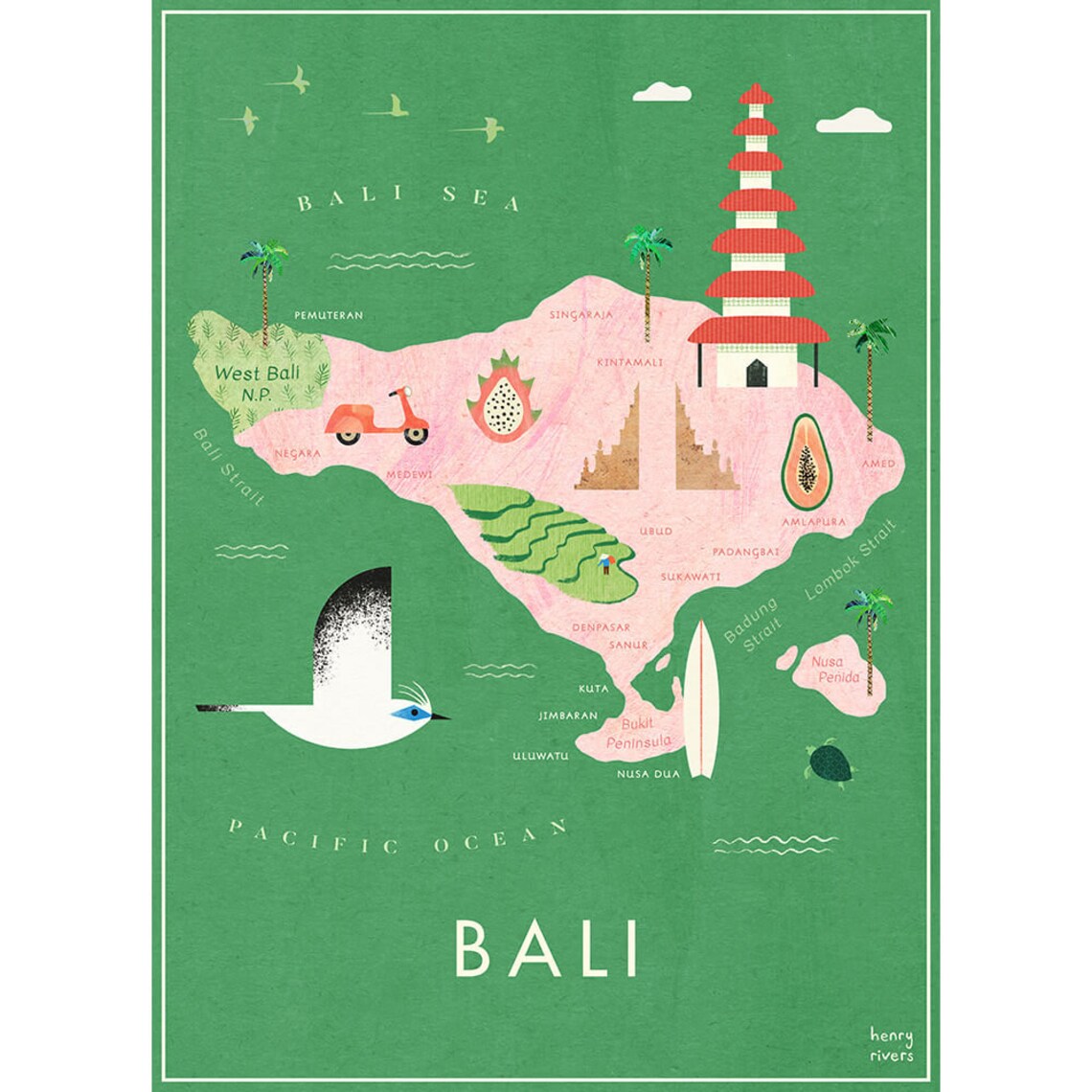 Bali Illustrated Map Art Print, Henry Rivers - Image 4