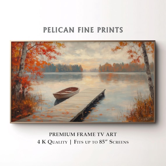 Rowboat by Autumn Dock Calm Lake Fall Foliage Painting Poster