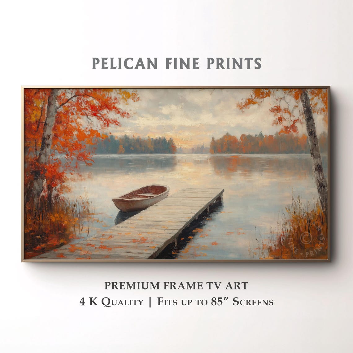 Rowboat by Autumn Dock Calm Lake Fall Foliage Painting Poster